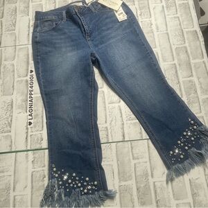 Cato Blue kick-Flare crop Jeans Fringe Embellishments Hi-rise. Size 10P. NWT.new
